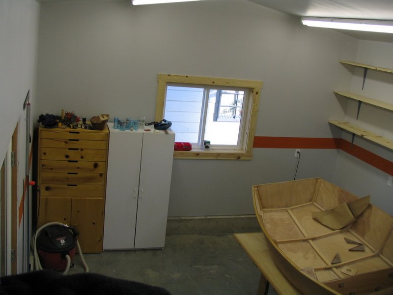 Storage cabinets up against the wall, out of the way.