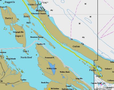 Monday, four Bartenders fly up Trincomali Channel along Galiano and Valdez in fine weather,