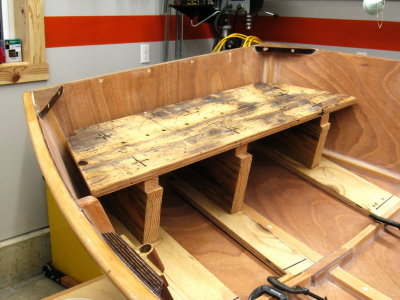 Mockup of rear seat/thwart; testing on the lake showed the lowest height is best (this is highest).