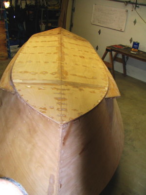 Stern view with fairing compound applied.