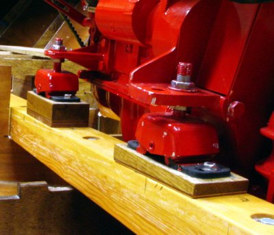 Engine on oak/okoume blocks, final. Westerbeke's system allows easy, precise adjustment.