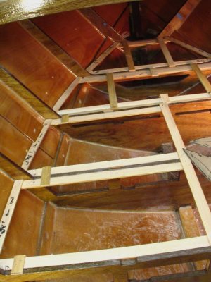 Cuddy area boards for the sleeping surface. Patterns made of lath strips (thanks, Dave N!).