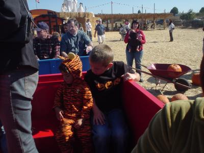 Jacob and Cooper on the train at the pumpkin farm