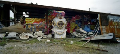 Diver's helmet from Mardi Gras parade, a reference to Katrina.