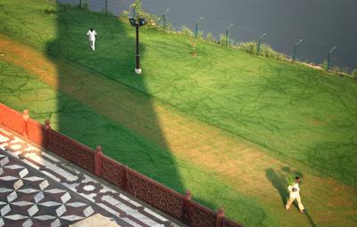 Tower shadow along the river, Taj Mahal, Agra.