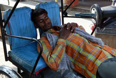 Napping bicycle rickshaw driver, Jaipur.