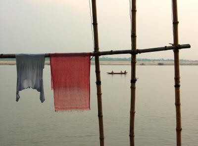 Clothing drying on bamboo poles along the Ganges, Varanasi.
