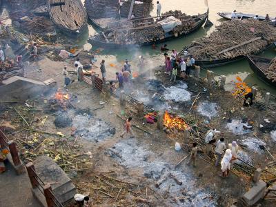 Looking down at the Manikarnika burning (cremation) ghat, Varanasi.