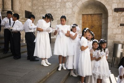 Children about to enter the Cathedral to be confirmed, Arequipa.