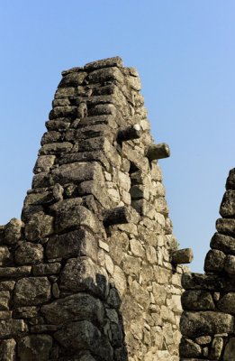 Gable, without roof. Wooden roof beams were tied with animal hide rope to the stone pegs.