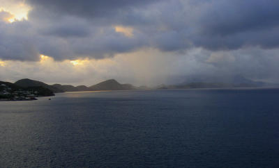 Rain over Nevis at sunrise