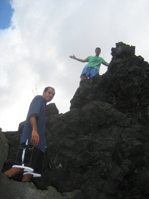 Climbing back up the lava rock after catching no fish
