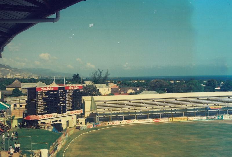 Panoramic view of Sabina Park with Kingston Harbour in the background