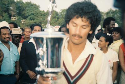 Larry Gomes with the Cricket Trophy