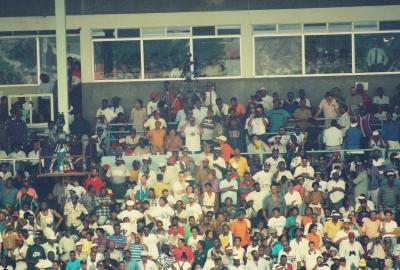 Spectators in the George Headley Stand(Denny,Mavis & Laurie with binoculars)