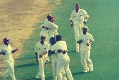 West Indies celebrate taking a wicket