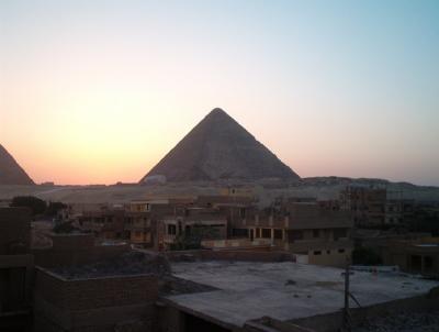 First glimpse of the pyramids at dusk, on the way to the nightly light show