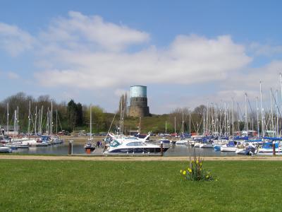 Shotley Marina with Martello Tower in the background