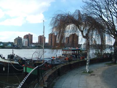 House boats moored by Battersea Church