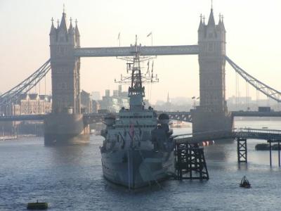 HMS Belfast at her moorings,with Tower Bridge,behind.