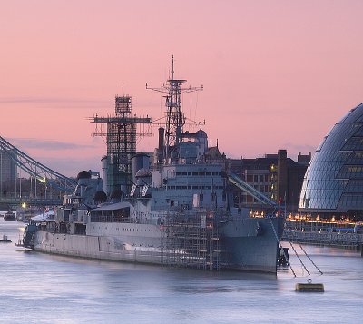 HMS  Belfast  and  City  Hall  in  the  pink.