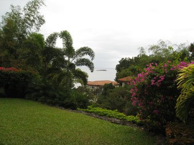 lush well-cared garden with a view of the sea