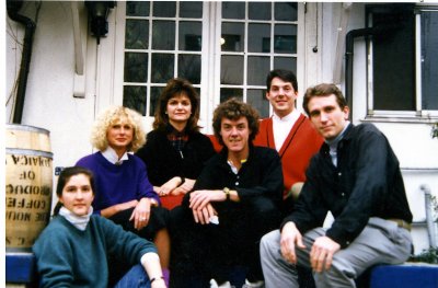 1987: Me at the top in the red sweater with fellow teachers in front of English Studio in Mita, Tokyo, Japan