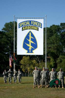 The colors are presented during the USASOC Regimental First Formation; the first event reunion-goers were invited to attend on Day 1. The Formation event served as a sort of capping ceremony for USASOC trainees who were allowed to don the Green Beret for the first time. Their formal graduation was the next day.