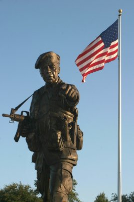 A sculpture of Colonel Arthur D. Bull Simons points to Ardennes Street outside the John F. Kennedy Special Warfare and School Museum.