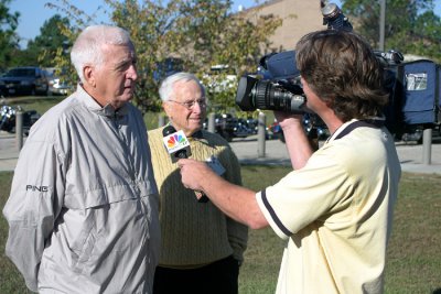 101ers John Dempsey (left) and Sam Spector are interviewed by a journalist from NBCs Raleigh, Durham, and Chapel Hill affiliate.