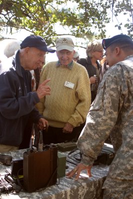 While digesting lunch, Special Forces soldiers gave a presentation on individual specialized areas of study that reflect the unique areas that the OSS broke ground in during World War II.  These areas of expertise include weapons, medical, and amphibious specialists. John Breen (left) and Sam Spector speak with a communications specialist.  During the war, Spector served as a communications specialist with the Mars Task Force.