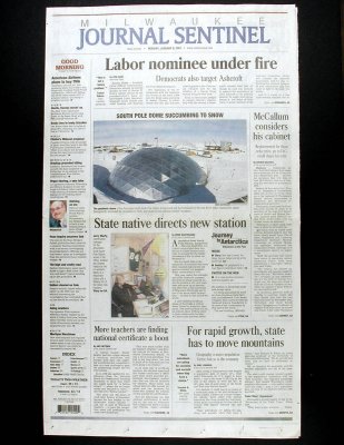 Front page, Milwaukee Journal Sentinel, Monday, January 8, 2001