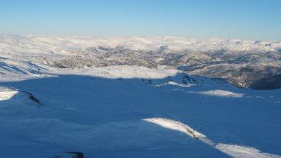 Downhill to Hyland. Myrkdalen valley in the background