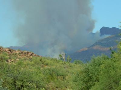 Closer shot of fire burning below King's Crown Peak.