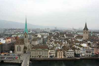 View of Fraumünster and Peter Kirche from Grossmünster's towers