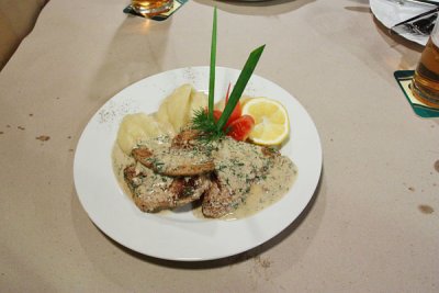 Pangasius fillet with mashed potato and dill sauce