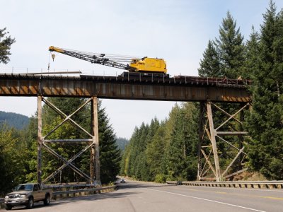 Work train on bridge crossing HWY 58, OR