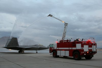 F-22, water salute, Nellis