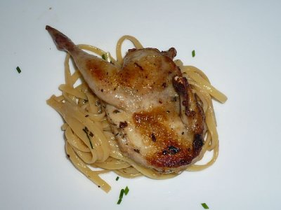 Linguini with roasted quail, veal veloute