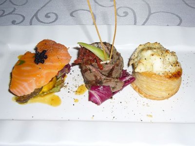 slow poached salmon, beef salad, crab meat tart