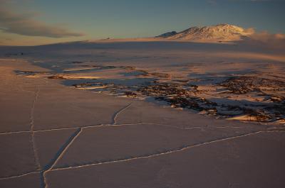 Mt Erebus with Fang Ridge sea ice pressure ridges.A Campbell.JPG