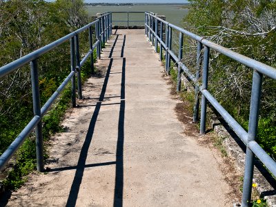 Walkway to observation deck overlooking lake