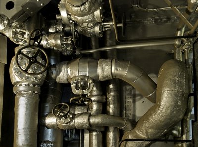 Pipes and valves in engine room