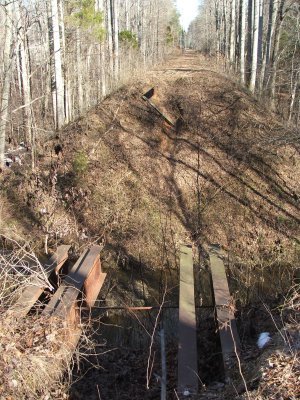 A view of the once trestle and about 30' drop.  Acessable form Chancellor Meadow Rd.