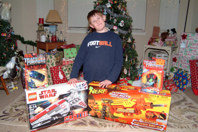 Thomas with legos, nerf gun, and transformers.  Sheer bliss.