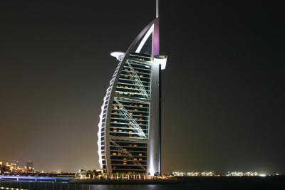 Burj Al Arab and Jumeira Beach Hotel at night
