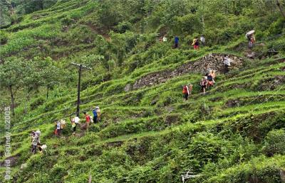 NuJiang Valley - from the hills to the market. Minority ethnic group, literally down from the hills.