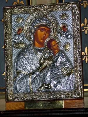 A beautiful Madonna and Child metal relief sculpture in the Notre-Dame Cathedral.