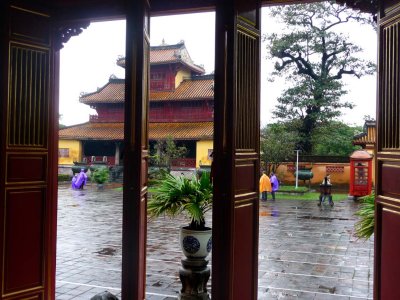 View looking out from the inside of Th Mieu to the Pavilion of Everlasting Clarity.