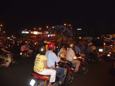 Motorbikes at Ho Chi Minh City's main square in District 1.  The famous Ben Thanh Market is close by.